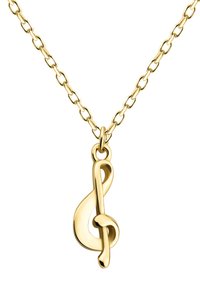 Goldene Halskette mit einem Anhänger in Form eines Violinschlüssels, glatte Oberfläche, zarte Glieder und polierte Ausarbeitung, die das musikalische Design betont.