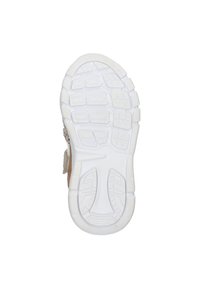 Semelle de sneaker blanche avec un motif en caoutchouc texturé, comprenant des rainures et des crêtes pour une meilleure traction. Accents beige clair près du bord supérieur.