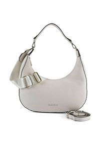 Borsa a tracolla in pelle grigio chiaro con rifiniture nere, dotata di tracolla argento staccabile con fibbie e superficie liscia e strutturata.