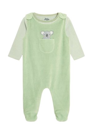 Grüner Veloursbaby-Overall mit gestreiften langen Ärmeln, ausgestattet mit einer Koala-Stickerei auf der Brusttasche und Druckknöpfen an den Schultern.
