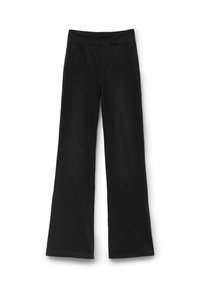 Pantalones de pierna ancha negros hechos de una tela suave. Cuentan con una cintura elástica y bolsillos frontales; textura suave con costuras mínimas.
