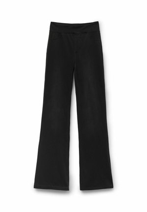 Pantalons larges noirs en tissu doux. Caractéristiques : taille élastique et poches avant ; texture lisse avec des coutures minimales.