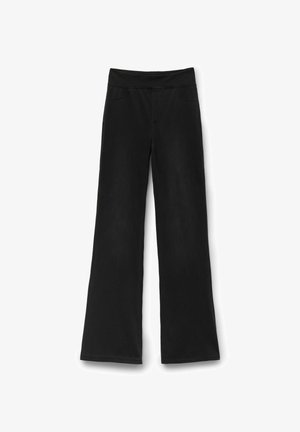 Black wide-leg pants made from a soft fabric. Features a stretchy waistband and front pockets; smooth texture with minimal seams.