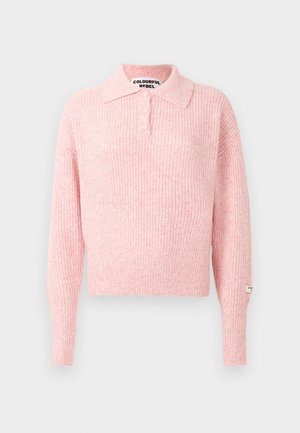 Rosa, gerippter Pullover mit Kragen und drei Knopfverschluss. Lange Ärmel und verkürzte Passform. Etikett auf dem Ärmel genäht.