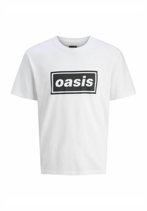 T-shirt bianco in cotone con una grande grafica rettangolare nera che presenta la parola "oasis" in testo bianco in grassetto al centro. Collo giroclassico.