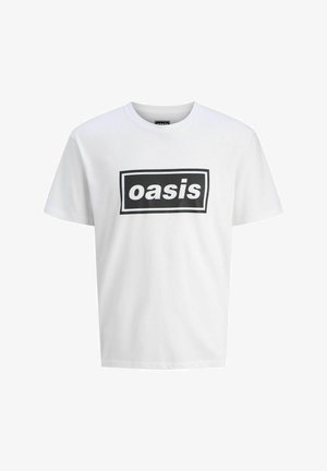 Hvid bomulds-T-shirt med et stort sort rektangulært grafik med ordet "oasis" i fed hvid tekst i midten. Klassisk rund halsudskæring.