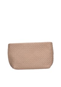 Custodia in pelle intrecciata beige con una superficie liscia, forma arrotondata e un sottile motivo diagonale sulla superficie. Nessun hardware visibile.