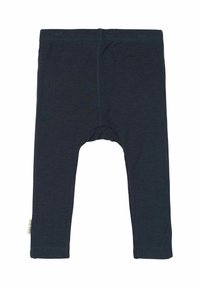 Temno modre legice iz mehkega blaga z enostavnim dizajnom, dolžine do sredine meč, z všitimi šivi in etiketo na strani.