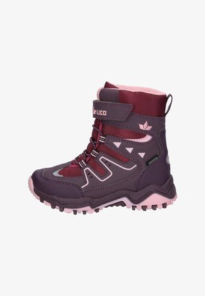 Dunkellila wasserdichte Wanderschuhe mit pinken Akzenten, hoher Knöchelunterstützung, strukturiertem Gummisohle und verstellbarem Riemen für einen sicheren Sitz.