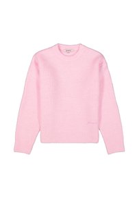 Rosa gerippter Pullover mit langen Ärmeln und Rundhalsauschnitt. Mit einem dezenten Logo am Saum gestickt. Weicher Stoff mit texturiertem Aussehen.