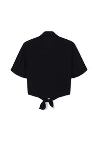 Chemise noire courte à manches courtes avec un col et un détail noué à l'arrière. Tissu lisse avec un design minimaliste.