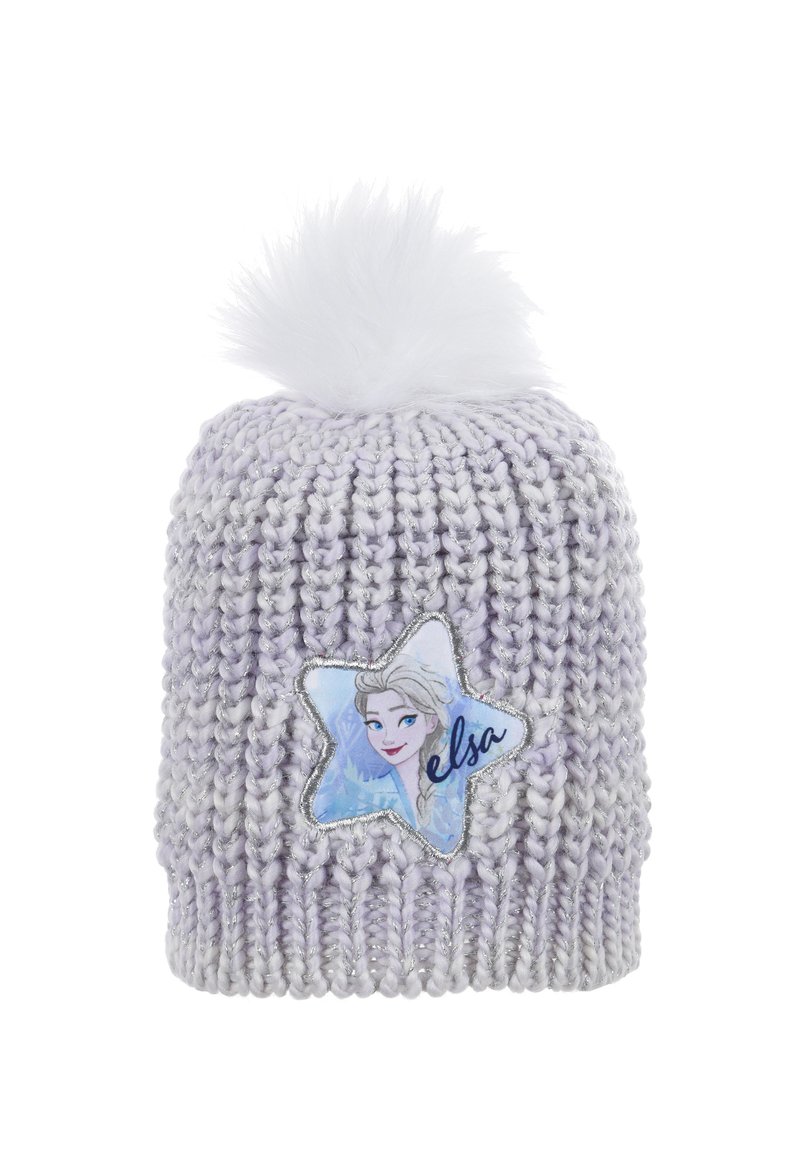 Cappello di maglia in lavanda con un pompon bianco sulla parte superiore. Presenta una toppa a forma di stella con un'illustrazione e il nome "Elsa". Motivo testurizzato in evidenza.