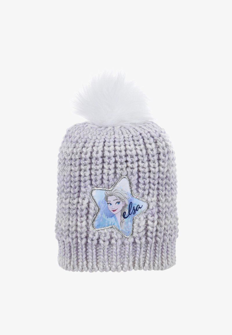 Cappello di maglia in lavanda con un pompon bianco sulla parte superiore. Presenta una toppa a forma di stella con un'illustrazione e il nome "Elsa". Motivo testurizzato in evidenza.