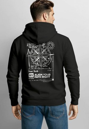 Black hooded sweatshirt featuring a compass graphic with text "Point North NV Align Your Path Right" and sun illustrations on the back.