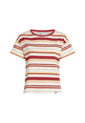 Pruhované tričko v krémové barvě s horizontálními pruhy v červené, oranžové a žluté. Krátké rukávy a kulatý výstřih s logem.