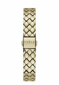 Zelta tonī metāla pulksteņa siksna ar austu rakstu, ar sprādzi, kas parāda vārdu "FURLA", un gludu, spīdīgu virsmu.