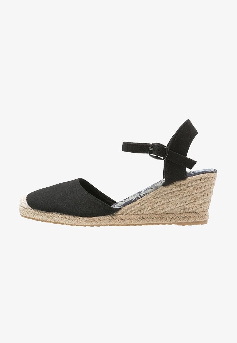 Černé plátěné espadrilky na klínu s opletenou juty podešví a nártovým páskem na sponu, viditelná vzorovaná stélka.