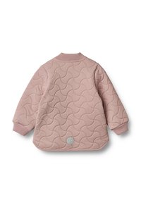 Pink quilted jacket with a textured scalloped pattern, ribbed cuffs, and collar. Features a small circular logo at the back.
