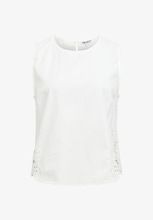 Balta be rankovių palaidinė su apvalia apykakle ir iškirptais gėlių raštais šonuose bei atvartų užsegimu nugarėlėje.