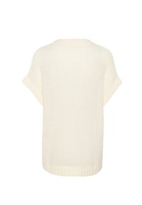 Knitted cream sweater with short sleeves and a loose fit, featuring a textured pattern and a ribbed hem at the bottom.