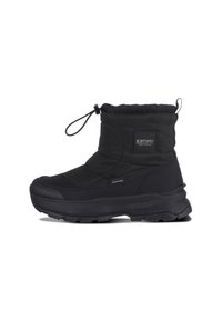 Musta vedenpitävä nilkkaboots, jossa on pehmustettu yläosa, kiristettävä kaulus ja teksturoitu kumipohja. Sivupaneelissa on logo.