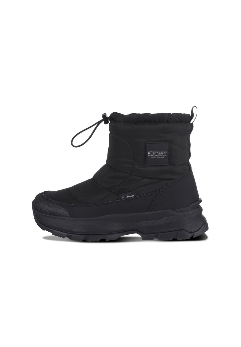 Musta vedenpitävä nilkkaboots, jossa on pehmustettu yläosa, kiristettävä kaulus ja teksturoitu kumipohja. Sivupaneelissa on logo.
