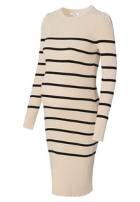 Béžové pletené těhotenské �šaty s dlouhými rukávy a horizontálními černými pruhy, těsný střih, délka ke kolenům.
