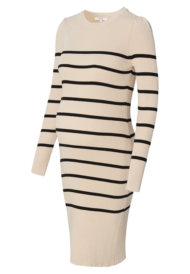 Béžové pletené těhotenské šaty s dlouhými rukávy a horizontálními černými pruhy, těsný střih, délka ke kolenům.