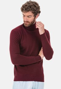 Bordeauxroter Rollkragenpullover aus weichem Strickstoff, mit langen Ärmeln und gerippten Bündchen, in schlanker Passform.