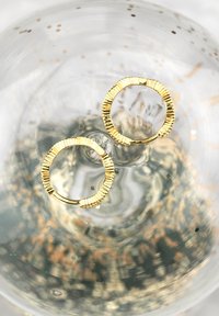 Guldörhängen med en strukturerad, räfflad design. Den cirkulära formen har en säker låsning. Reflekterat ljus skapar en skimrande effekt.