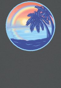 Kreisdesign mit blauen Palmen, einem Sonnenuntergangsverlauf in Orange und Pink und einem reflektierenden Ozean unter einem Regenbogen, auf einem dunkelgrauen Hintergrund.