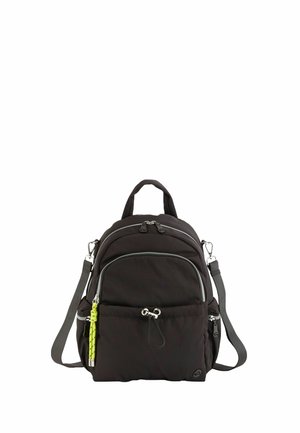 Kleiner schwarzer Rucksack mit mehreren Reißverschlussfächern, einem oberen Tragegriff, verstellbaren Schultergurten und einer gelb-grünen dekorativen Kordel an der Fronttasche.