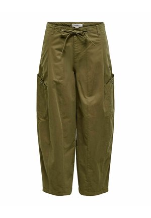 Pantalon large vert olive avec taille ajustable par cordon et grandes poches latérales boutonnées.