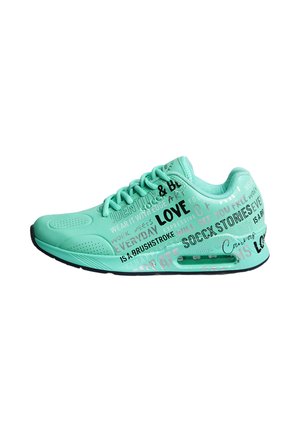 Teal sneaker with black sole featuring various printed words and phrases like "LOVE" and "SOCK STORIES" covering its surface.