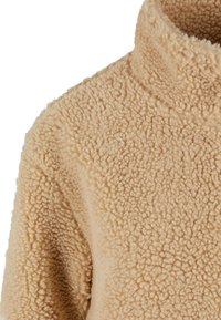 Beige fliisist pullover kõrge ümarate kraega. Omab pehmet, tekstuurset pinda, mis on mugavalt sobiv ja lühikeste varrukatega.