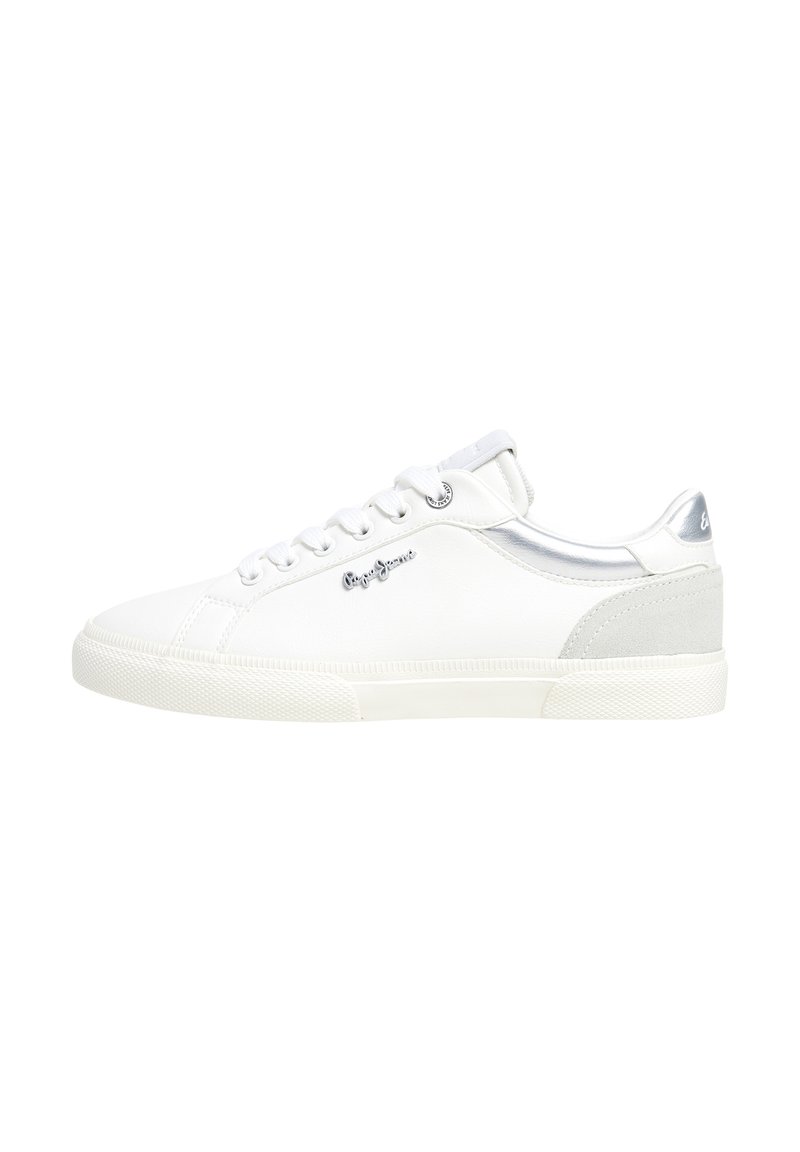 White sneaker featuring a smooth leather upper, silver accents, textured grey heel, and a patterned rubber sole. Laces with six eyelets.