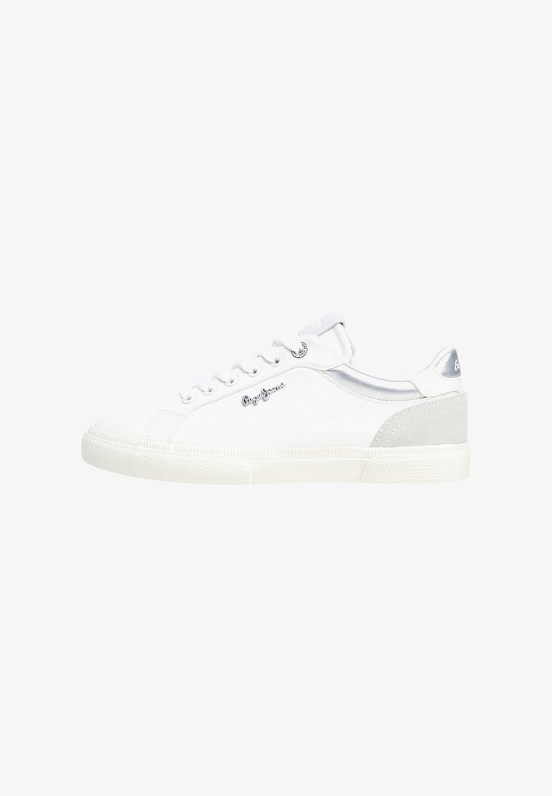 White sneaker featuring a smooth leather upper, silver accents, textured grey heel, and a patterned rubber sole. Laces with six eyelets.