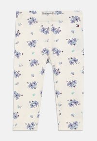 Bavlnené legíny s kvetinovým vzorom v purpurovej a modrej farbe na smotanovom pozadí, s elastickým pásom a presným prešívaním.