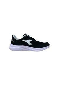 Scarpe sportive nere con accenti bianchi, tomaia in rete, colletto imbottito e suola ammortizzata progettata per il comfort e il supporto.