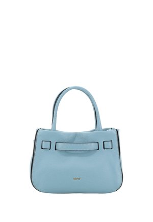 Light blue leather handbag with short handles, a smooth texture, and black trim. Features a front pocket with a decorative strap.