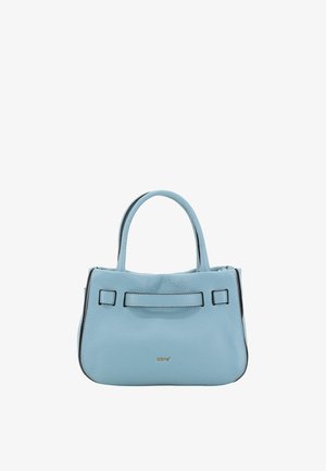 Light blue leather handbag with short handles, a smooth texture, and black trim. Features a front pocket with a decorative strap.
