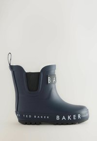 Botte de pluie en caoutchouc bleu marine avec lettrage blanc. Panneau élastique noir sur le côté, semelle texturée et doublure en polaire pour plus de chaleur.