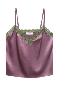 Top senza maniche in satin lilla chiaro con bordino in pizzo verde lungo il colletto, caratterizzato da eleganti bordi scallop. Etichetta del brand visibile all'interno.