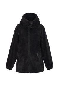 Czarna polarowa kurtka z kapturem, zamkiem błyskawicznym, dwoma bocznymi kieszeniami oraz teksturowaną tkaniną. Posiada rękawy typu raglan oraz lekko luźny krój.
