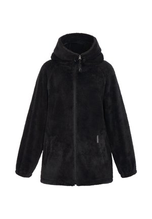 Chaqueta de forro polar negra con capucha, cierre de cremallera, dos bolsillos laterales y tejido texturizado. Presenta mangas ranglán y un corte ligeramente holgado.