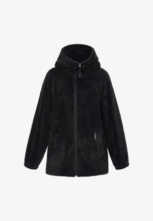 Chaqueta de forro polar negra con capucha, cierre de cremallera, dos bolsillos laterales y tejido texturizado. Presenta mangas ranglán y un corte ligeramente holgado.
