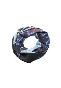 Multifarvet uendelighedsscarf med sorte, blå og røde mønstre. Fremstillet af blødt, letvægtsstof med en glat tekstur.