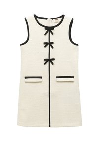 Bezramionowa sukienka w kolorze kremowym o fakturowanej powierzchni z czarnymi wykończeniami, trzy czarne kokardy na przodzie i dwie przednie kieszenie z czarnymi brzegami.