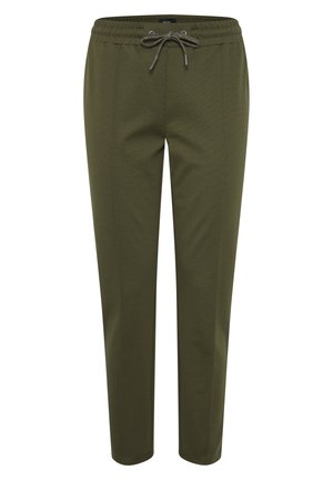 Olivgrüne Jogginghosen mit einem Kordelzugbund, gefertigt aus glattem Stoff, mit schmal zulaufenden Beinen und subtiler Textur.