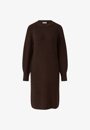 Dunkelbraunes Strickkleid mit gerippter Textur, Rundhalsausschnitt und langen Ärmeln, ausgestattet mit einer lockeren Passform und knielangem Design.